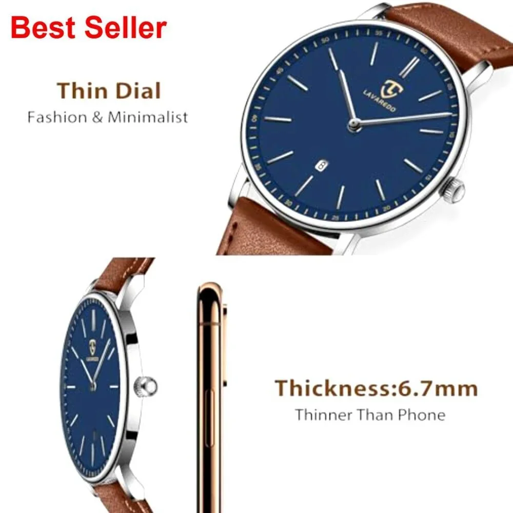 Extremely Thin Minimalist Analog Leather Wrist Watch with Date